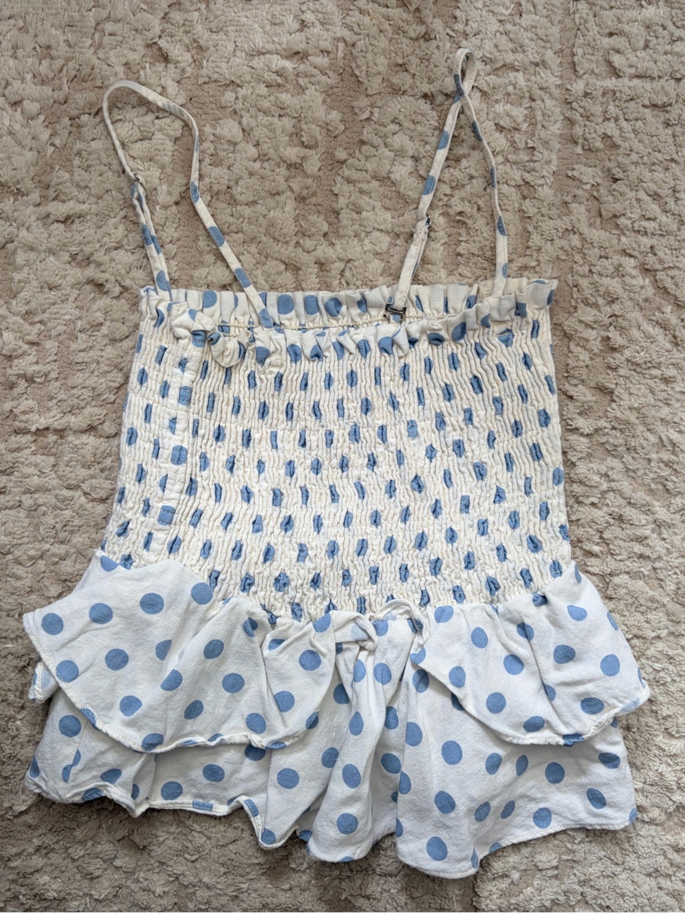 Zara Blue & White Smocked Polka-Dot Ruffle Accordion Top